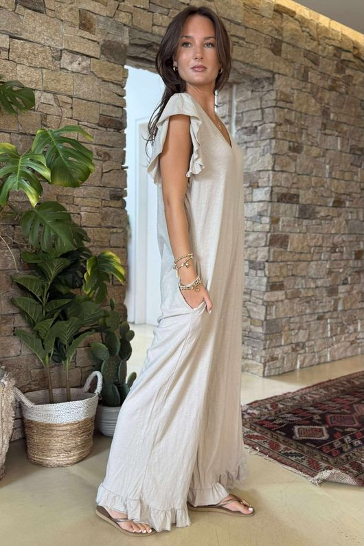Made in Italy Bay Slub Mamma Mia Frill Jumpsuit Stone